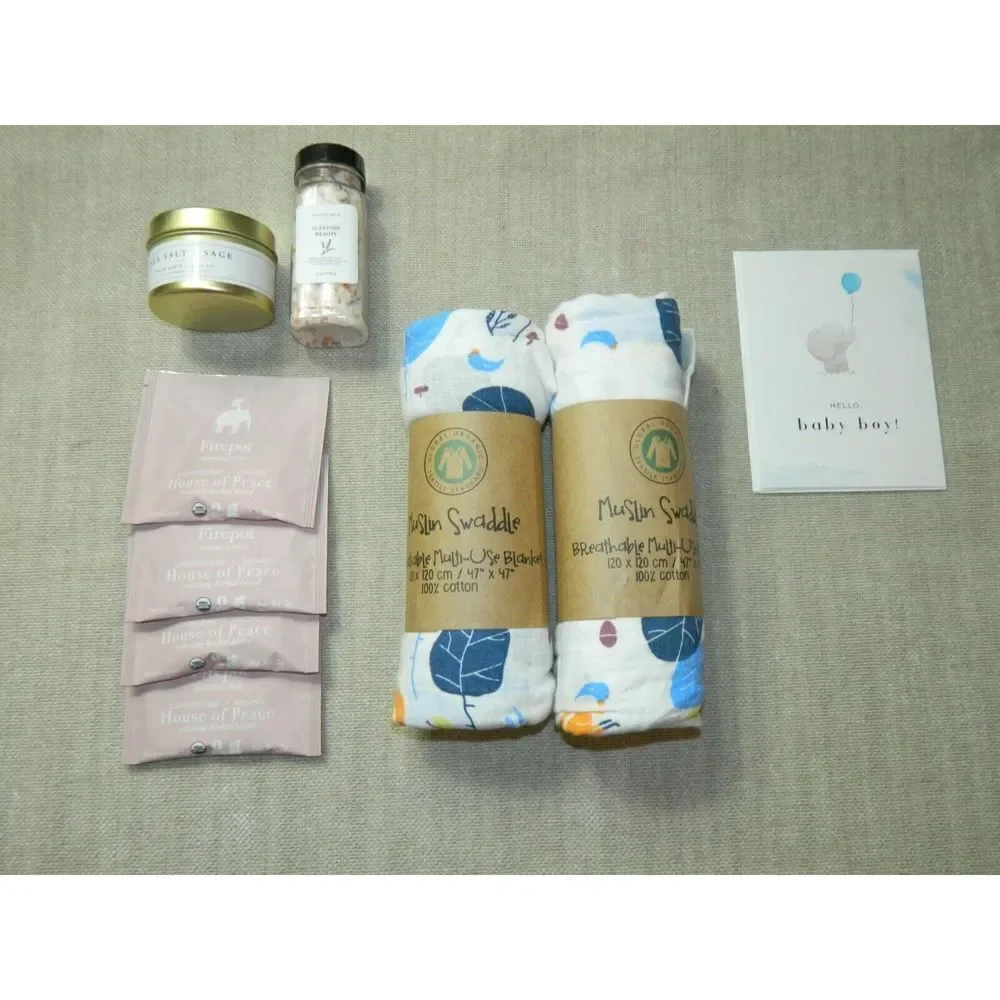 Global Organic Muslin Blanket‎ Cotton Candle Tea New Mom Gift Box